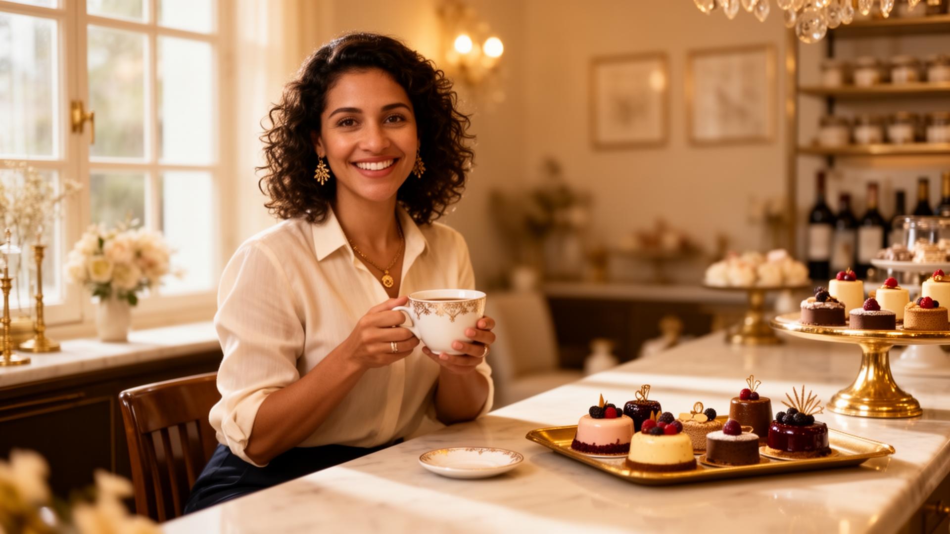 Empreendedora confeiteira sorridente segurando uma xícara em seu ateliê, com bandeja de sobremesas elegantes ao lado