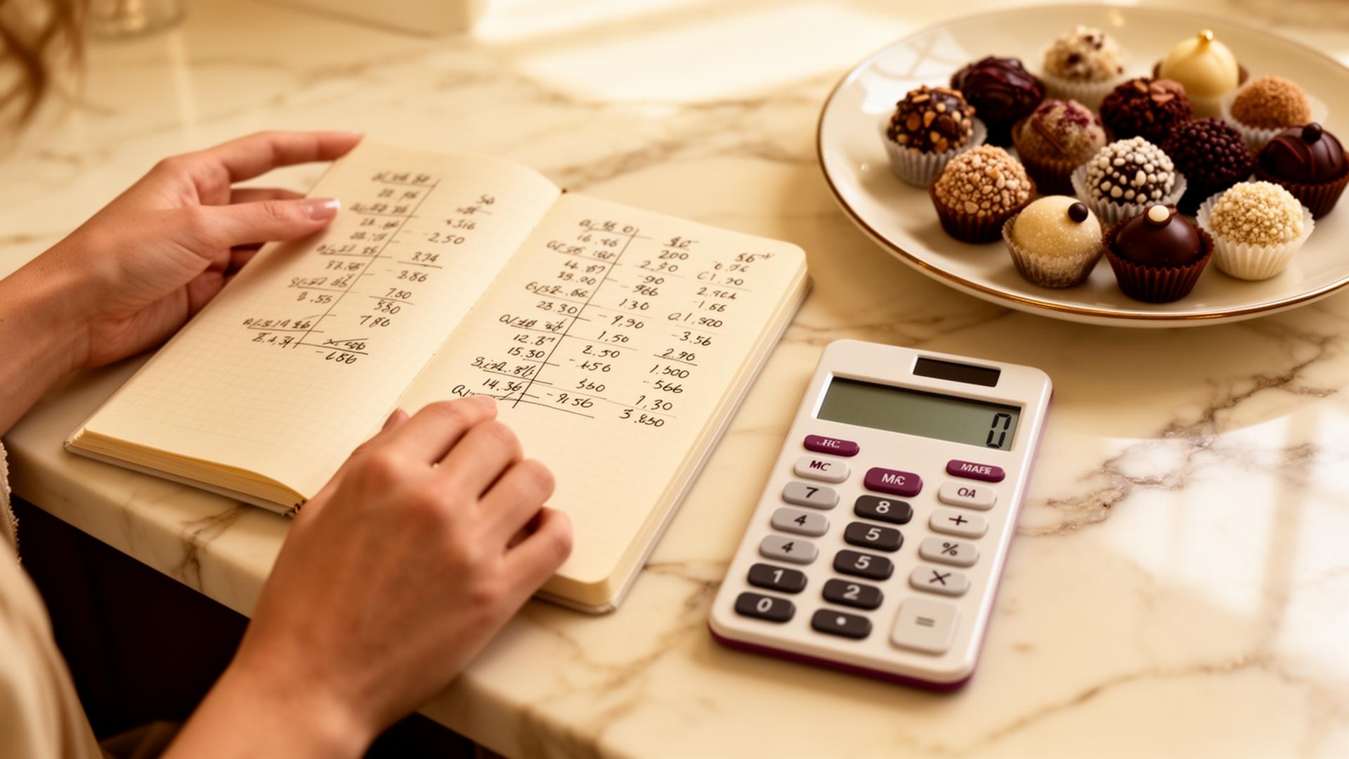 Mãos de uma confeiteira anotando cálculos em um caderno, ao lado de uma calculadora e um prato de brigadeiros artesanais