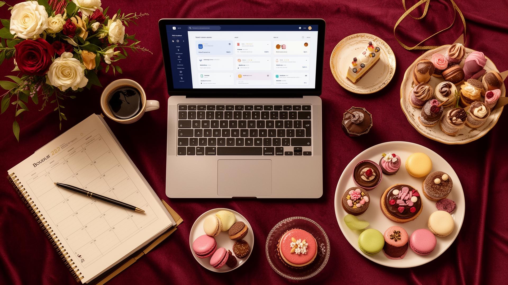 Vista de cima de um espaço de trabalho organizado com laptop, planner, café e doces artesanais sobre uma toalha vinho